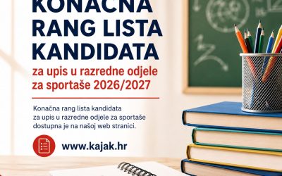 Objavljena je konačna rang-lista kandidata za upis u razredne odjele za sportaše 2026/2027